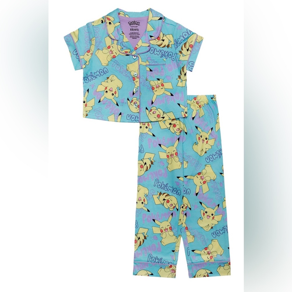 Pokémon Pikachu Girls Pajama Set L 10/12 Blue 2 Piece Sleepwear NWT